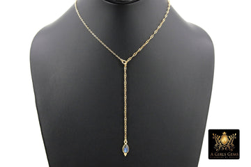 14 K Gold Filled Mariner Anchor Chain Link Lariat Drop, Teardrop Charm Gemstone Necklace
